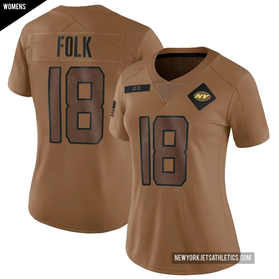 Women's New York Jets ＃18 Nick Folk Brown Limited 2023 Salute To Service Jersey