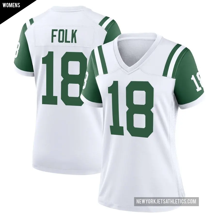 Women's New York Jets ＃18 Nick Folk White Game Classic Alternate Jersey