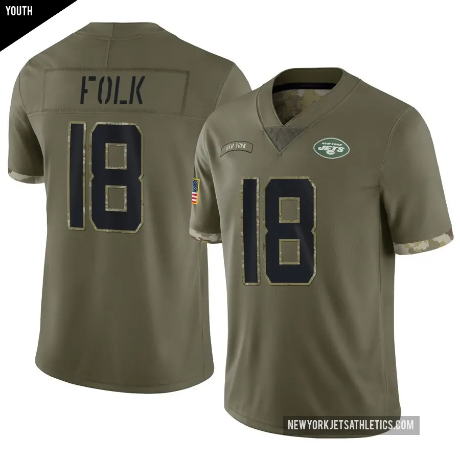 Youth New York Jets ＃18 Nick Folk Olive Limited 2022 Salute To Service Jersey